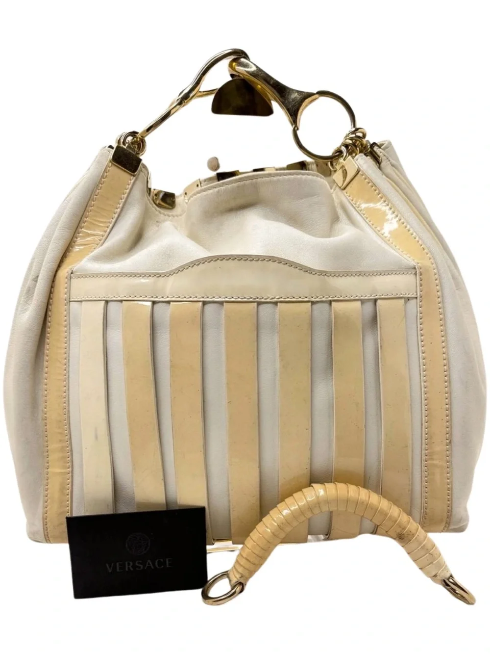 Versace Vintage Cream & Beige Leather Hobo Bag with Gold Hardware